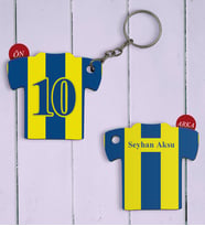 BK Gift Kişiye Özel Sarı-Lacivert Formalı Çift Taraflı Ahşap Anahtarlık