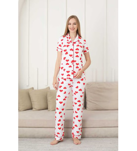 Monox Kadın Önden Düğmeli Kısa Kol Likralı Kalp Baskılı Pijama Takımı (Beyaz)