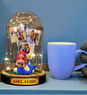Size Özel Tasarım Led Işıklı Fanus ve Turkuaz Kupa Bardak Hediye Seti (Model 7)