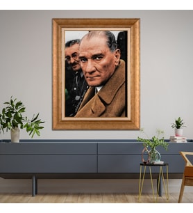 Altın Varaklı Çerçeveli Paspartulu Atatürk Tablo TR1087 (Gold)