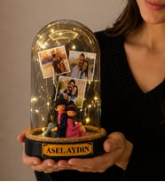 Kişiye Özel LED Işıklı Fanus – Yazılı & 3 Fotoğraflı Biblolu Tasarım