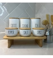 may home design 3'lü Bambu Kapaklı Ahşap Standlı Çay/Kahve/Şeker ve 3'lü Bambu Kapaklı Tuz/Biber/Baharatlık Takımı