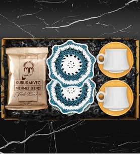 İkili Bambu Tabaklı Porselen Fincan Takımı & Handmade İkili Makrome Bardak Altlığı & Türk Kahvesi