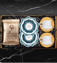 İkili Bambu Tabaklı Porselen Fincan Takımı & Handmade İkili Makrome Bardak Altlığı & Türk Kahvesi