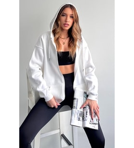 Beyaz Fermuarlı Kapüşonlu Sweatshirt