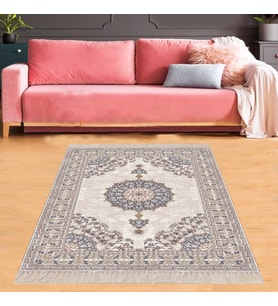 Osmanlı Motifler Desenli Dijital Baskı Yıkanabilir Kaymaz Taban Leke Tutmaz Etnik Salon Halısı (Gri)