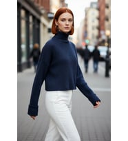 Kadın Oversize Super Crop Balıkçı Yaka Uzun Kollu Akrilik Triko Kazak Kışlık Günlük Şıklık