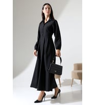 Kadın Belden Oturtmalı Kendinden Kuşaklı Keten Tesettür Elbise (Siyah)