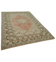 Pembe Halı Klasik Stil Geometrik Desenli El Dokuma Salon Halısı Bej Yün Pamuk Karışımlı Vintage Dokulu