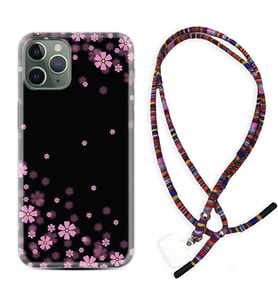 Apple iPhone 11 12 13 14 Pro Max Kılıf Boyun Asklı Rasta Silikon Black flowers 1391