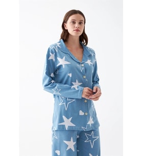 Kadın Mavi Yıldız Desenli Düğmeli Pamuklu Pijama Takımı