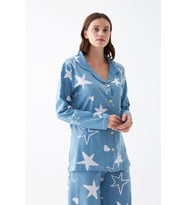 Kadın Mavi Yıldız Desenli Düğmeli Pamuklu Pijama Takımı
