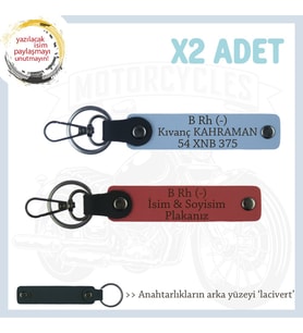 Yol Arkadaşları İçin, İsim Plaka ve B- Kan Grubu Kişiye Özel x2 Anahtarlık Set, Nar Çiçeği-Mavi-Laci (Çok Renkli)