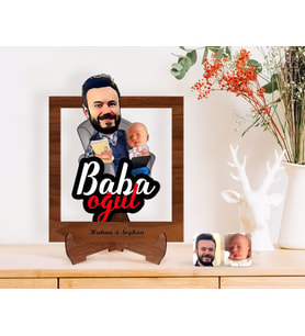 BK Gift Kişiye Özel Baba Oğul Karikatürlü Ahşap Standlı 3D Biblo-4 (Beyaz)