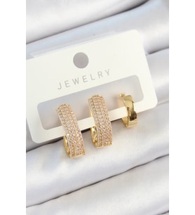 Pirinç Zirkon Taşlı Damla Model Gold Renk 3'lü Çift Kadın Küpe Set (Altın)