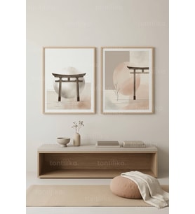 Japon Zen Torii Kapıları ve Minimalist Doğa 2’li Ahşap Çerçeveli Tablo Seti