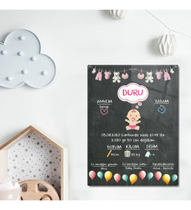 DECORITA Cam Tablo Kişiye Özel Kız Bebek Doğum Künyesi 30cm x 40cm