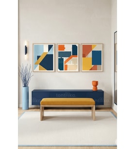 Modern Geometrik Soyut Tasarımlı 3’lü Ahşap Çerçeveli Tablo Seti