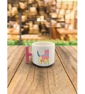 Sarı Pembe Kedi Baskılı Pembe Kulplu T Kupa (Beyaz)