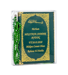 50 ADET - İsim Baskılı Ciltli Yasin Kitabı - Çanta Boy - 128 Sayfa - Tesbihli - Şeffaf Kutulu - Yeşil Renk - Dini Hediyelik Set