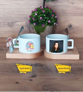 Doğum Günü Hediyesi Kupa Bardak Ahşap Altlıklı Kısa Fotoğraflı