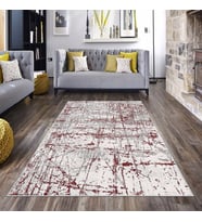 Krem Desenli Bordo Efektli Yıkanabilir Kaymaz Taban Leke Tutmaz Modern Salon Halısı ve Yolluk (Gri)