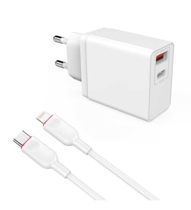 Type-C ve Apple Lightning Kablo Hızlı Şarj QC 3.0 kablosu+Şarj Aleti PD ve USB Adaptör Başlığı (Beyaz)