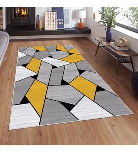 Geometrik Puzzle Desenli Yıkanabilir Kaymaz Taban Leke Tutmaz Modern Salon Halısı ve Yolluk (Turuncu-Gri)