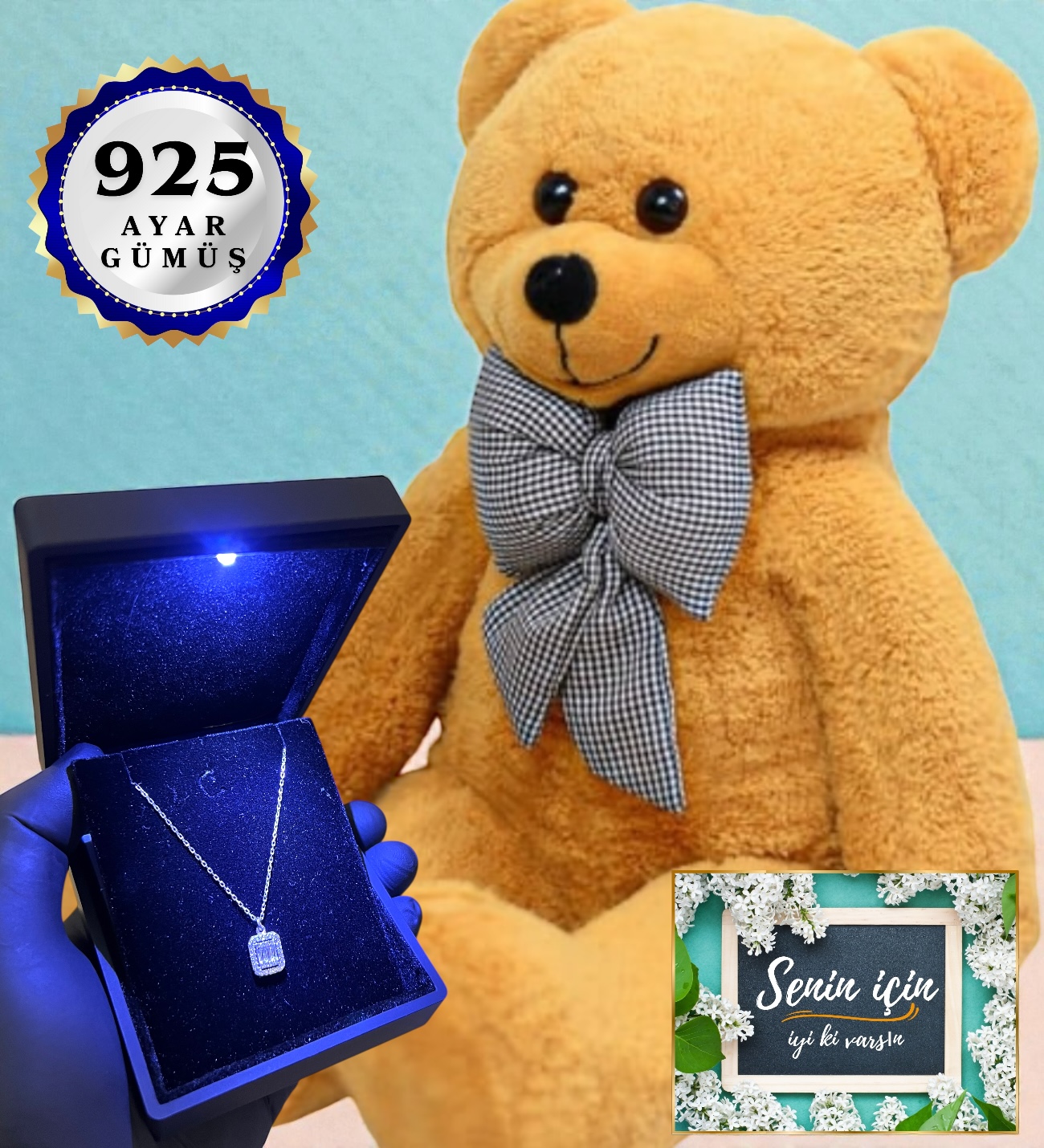 80 cm Kahve Peluş Ayıcık ve Işıklı Kutusunda 925 Ayar Gümüş Kolye (Model 3)
