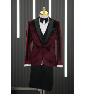 Torres Regular Fit Kırlangıç Yaka Çift Yırtmaç Kadife Smokin Takım Elbise (Bordo)