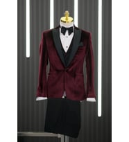 Torres Regular Fit Kırlangıç Yaka Çift Yırtmaç Kadife Smokin Takım Elbise (Bordo)