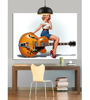Gitar Çalan Pin-Up Kadın Dekoratif Kanvas - Mdf Ahşap Tablo