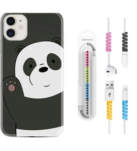 Apple iPhone 11 12 13 Mini Kılıf Kablo Koruma Spiral Silikon Hello Panda 1709