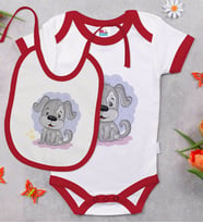 BK Kids Sevimli Köpek Tasarımlı Kırmızı Bebek Body Zıbın ve Mama Önlüğü Hediye Seti-1