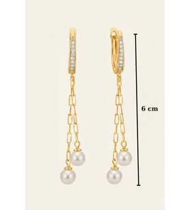 925 Ayar Gümüş Özel Üretim 6 mm İnci Sallantılı Küpe 6 cm Çift Zincirli Kadın Küpe (Gold)