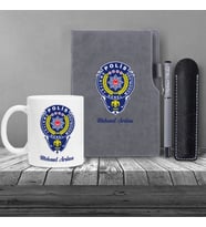 Kişiye Özel Polis Temalı UV Baskılı Gri Defter & Gri Roller Kalem ve Kupa Seti