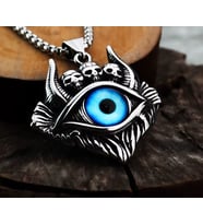 voyageaccessory Paslanmaz Çelik Kurukafa Detaylı Evil Eye Mavi Göz Kolye / 65 Cm Zincirli