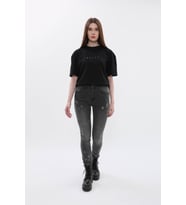 Kadın Yüksek Bel Skinny Fit Dar Paça Benekli Gri Jean Pantolon