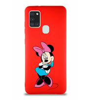 Samsung Galaxy A21S Soft Premier Kapak Minnie Mouse-D Tasarımlı Silikon Kılıf - Kırmızı (Şeffaf)