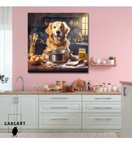 Kare Kanvas Mutfak Tablosu Aşçı Hayvanlar Sevimli Golden Köpek