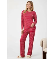 Kadın Bisiklet Yaka Uzun Kol Regular Kalıp Örme Çizgili Pijama Takımı Fonksiyonel Kaliteli