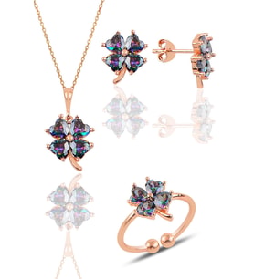 Gümüş rose mistik taşlı yonca kolye küpe ve yüzük üçlü set SGTL11664MOR