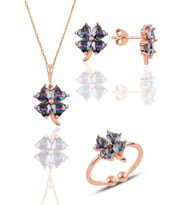 Gümüş rose mistik taşlı yonca kolye küpe ve yüzük üçlü set SGTL11664MOR