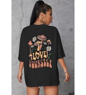 Unisex Baskılı Oversize T-Shirt - Siyah