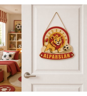 Kişiye Özel Sarı Kırmızı Aslan ve Futbol Temalı Ahşap Çocuk Odası Kapı Süsü
