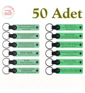 Yeşil & Fıstık Yeşili, Kitapçı Müşterilerine Teşekkür Hediyesi, 50’li Set, İsim Yazılan Anahtarlık