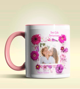 Kişiye Özel Çiçek Çerçeveli Fotoğraf 4 Temalı Pembe Kupa Bardak (Pembe)