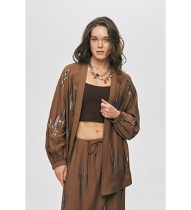 Kadın Glow Payet Ve Boncuk İşlemeli Oversize Viskon Kimono (Kahverengi)