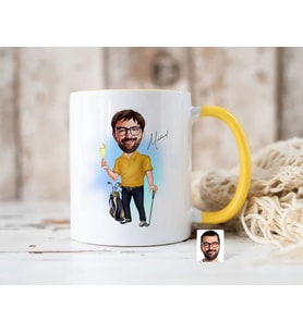 Bk Gift Kişiye Özel Golf Oyuncusu Karikatürlü Sarı Kupa Bardak-4, Sevgiliye Hediye, Arkadaşa Hediye