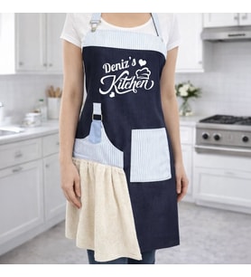 BK Gift Kişiye Özel İsimli Pamuk Denim Havlu Detaylı Mutfak Önlüğü -2, Aşçı ve Şef Önlüğü, Anneye Hediye